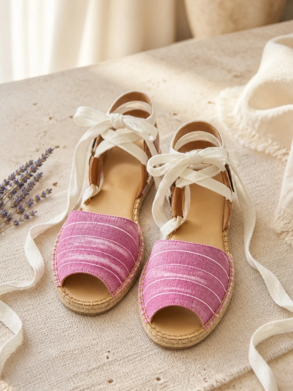Talbots Lavender Striped Espadrille Sandals with White Ankle Tie Size 8 - Picture 3 of 13
